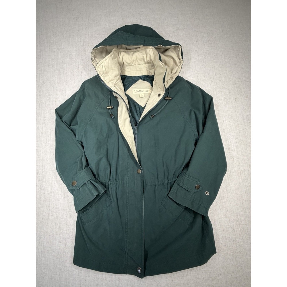 London Fog Hooded Jacket Women's M Green Vintage Parka Full Zip Snap Coat